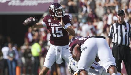 Sep 16, 2023; College Station, Texas, USA; Texas A&M Aggies quarterback Conner Weigman (15) attempts a pass during the second quarter against the Louisiana Monroe Warhawks at Kyle Field. Mandatory Credit: Troy Taormina-USA TODAY Sports