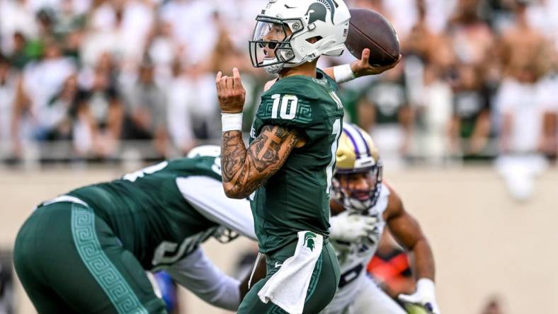 Michigan State's Noah Kim throws a pass against Washington during the second quarter on Saturday, Sept. 16, 2023, at Spartan Stadium in East Lansing.