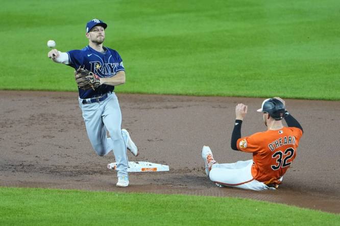 Sep 16, 2023; Baltimore, Maryland, USA;  Tampa Bay Rays second baseman Brandon Lowe (8) turns a double play with Baltimore Orioles first baseman Ryan O'Hearn (32) sliding into second base during the first inning at Oriole Park at Camden Yards. Mandatory Credit: Gregory Fisher-USA TODAY Sports