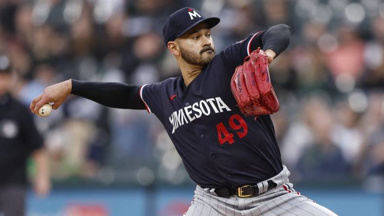 Sep 16, 2023; Chicago, Illinois, USA; Minnesota Twins starting pitcher Pablo Lopez (49) pitches against the Chicago White Sox during the first inning at Guaranteed Rate Field. Mandatory Credit: Kamil Krzaczynski-USA TODAY Sports