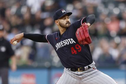 Sep 16, 2023; Chicago, Illinois, USA; Minnesota Twins starting pitcher Pablo Lopez (49) pitches against the Chicago White Sox during the first inning at Guaranteed Rate Field. Mandatory Credit: Kamil Krzaczynski-USA TODAY Sports