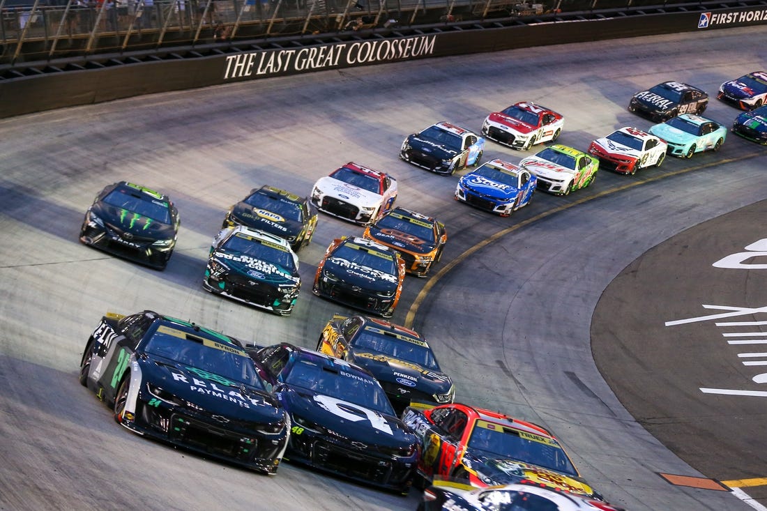 Sep 16, 2023; Bristol, Tennessee, USA; NASCAR Cup Series driver William Byron (24) and driver Martin Truex Jr. (19) and driver Alex Bowman (48) during the Bass Pro Shops Night Race at Bristol Motor Speedway. Mandatory Credit: Randy Sartin-USA TODAY Sports