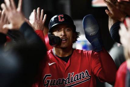 Sep 16, 2023; Cleveland, Ohio, USA; Cleveland Guardians catcher Bo Naylor (23) celebrates after scoring during the eighth inning against the Texas Rangers at Progressive Field. Mandatory Credit: Ken Blaze-USA TODAY Sports