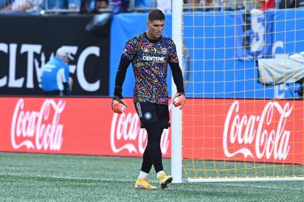 Sep 16, 2023; Charlotte, North Carolina, USA; Charlotte FC goalkeeper Kristijan Kahlina (1) walks in front of the goal before the match against D.C. United at Bank of America Stadium. Mandatory Credit: Griffin Zetterberg-USA TODAY Sports
