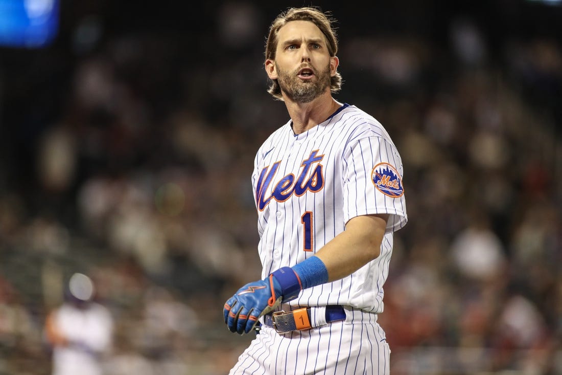 Sep 16, 2023; New York City, New York, USA; New York Mets second baseman Jeff McNeil (1) reacts after flying out in the eighth inning against the Cincinnati Reds at Citi Field. Mandatory Credit: Wendell Cruz-USA TODAY Sports