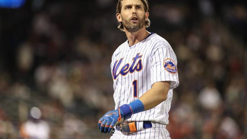 Sep 16, 2023; New York City, New York, USA; New York Mets second baseman Jeff McNeil (1) reacts after flying out in the eighth inning against the Cincinnati Reds at Citi Field. Mandatory Credit: Wendell Cruz-USA TODAY Sports