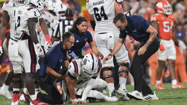 Sep 16, 2023; Clemson, South Carolina; Florida Atlantic quarterback Casey Thompson (11) is hurt in the game with Clemson during the second quarter against Florida Atlantic at Memorial Stadium.  Mandatory Credit: Ken Ruinard-USA TODAY NETWORK