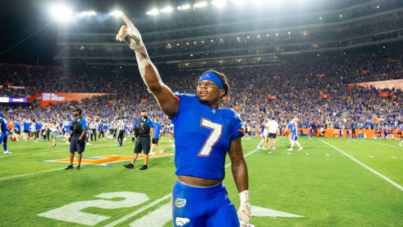 Sep 16, 2023; Gainesville, Florida, USA; Florida Gators running back Trevor Etienne (7) gestures to the crowd at Ben Hill Griffin Stadium after the game against the Tennessee Volunteers. Mandatory Credit: Chris Watkins-USA TODAY Sports