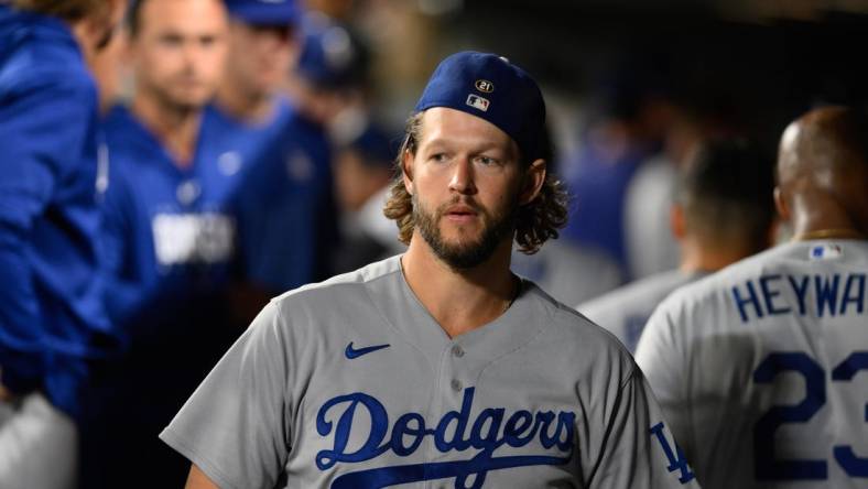 Sep 16, 2023; Seattle, Washington, USA; Los Angeles Dodgers starting pitcher Clayton Kershaw (22) in the dugout during the fifth inning against the Seattle Mariners at T-Mobile Park. Mandatory Credit: Steven Bisig-USA TODAY Sports