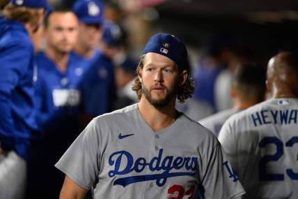 Sep 16, 2023; Seattle, Washington, USA; Los Angeles Dodgers starting pitcher Clayton Kershaw (22) in the dugout during the fifth inning against the Seattle Mariners at T-Mobile Park. Mandatory Credit: Steven Bisig-USA TODAY Sports