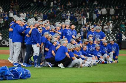 Sep 16, 2023; Seattle, Washington, USA; The Los Angeles Dodgers post for a team photo after winning the National League West division after the game against the Seattle Mariners at T-Mobile Park. Mandatory Credit: Steven Bisig-USA TODAY Sports