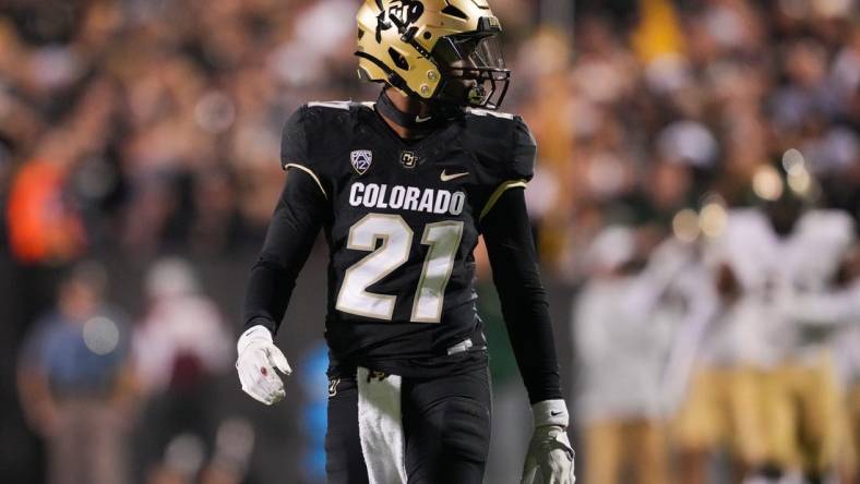 Sep 16, 2023; Boulder, Colorado, USA; Colorado Buffaloes safety Shilo Sanders (21) looks on during the fourth quarter against the Colorado State Rams at Folsom Field. Mandatory Credit: Andrew Wevers-USA TODAY Sports