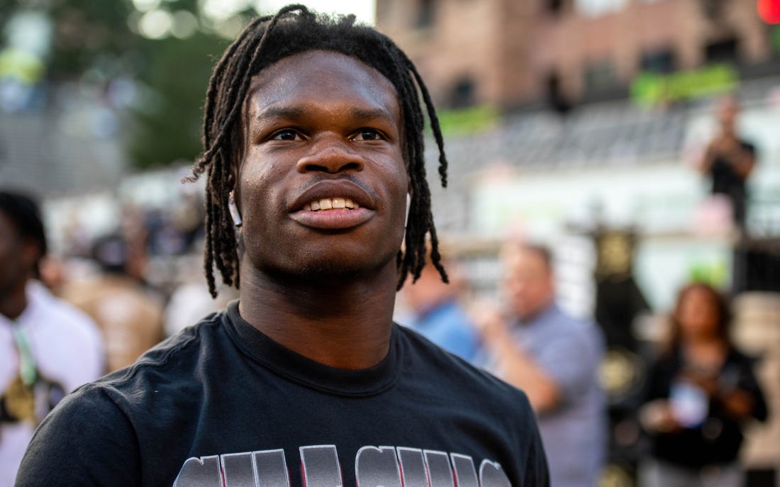 CU football's sophomore athlete Travis Hunter is all smiles before the Rocky Mountain Showdown on Sept. 16, 2023 at Folsom Field in Boulder, Colo.