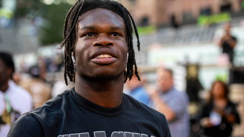 CU football's sophomore athlete Travis Hunter is all smiles before the Rocky Mountain Showdown on Sept. 16, 2023 at Folsom Field in Boulder, Colo.