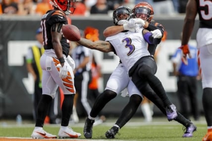 Sep 17, 2023; Cincinnati, Ohio, USA; Baltimore Ravens wide receiver Odell Beckham Jr. (3) runs with the ball against Cincinnati Bengals linebacker Logan Wilson (55) in the first half at Paycor Stadium. Mandatory Credit: Katie Stratman-USA TODAY Sports