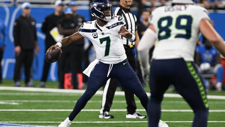 Sep 17, 2023; Detroit, Michigan, USA; Seattle Seahawks quarterback Geno Smith (7) throws a pass against the Detroit Lions in the first quarter at Ford Field. Mandatory Credit: Lon Horwedel-USA TODAY Sports