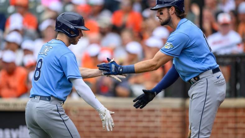 Sep 17, 2023; Baltimore, Maryland, USA; Tampa Bay Rays second baseman Brandon Lowe (8) and right fielder Josh Lowe (15) celebrate after a home run during the first inning against the Baltimore Orioles at Oriole Park at Camden Yards. Mandatory Credit: Reggie Hildred-USA TODAY Sports