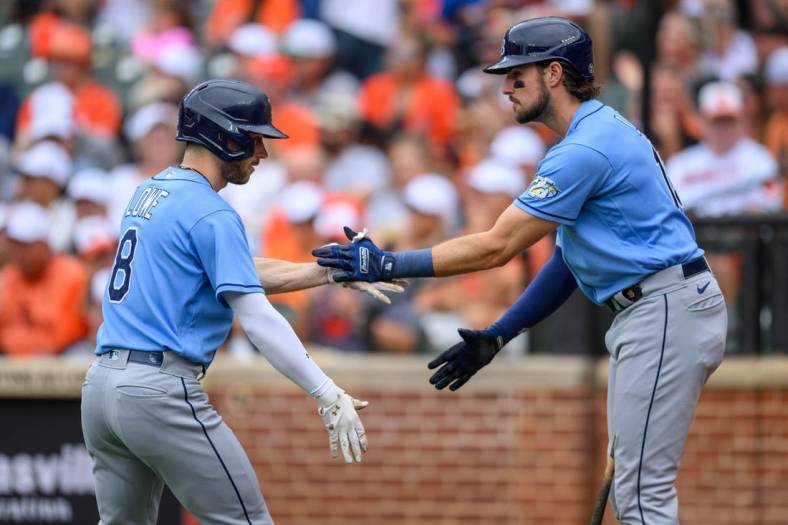 Sep 17, 2023; Baltimore, Maryland, USA; Tampa Bay Rays second baseman Brandon Lowe (8) and right fielder Josh Lowe (15) celebrate after a home run during the first inning against the Baltimore Orioles at Oriole Park at Camden Yards. Mandatory Credit: Reggie Hildred-USA TODAY Sports