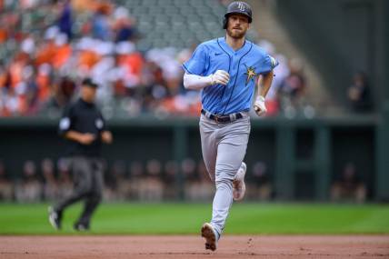 Sep 17, 2023; Baltimore, Maryland, USA; Tampa Bay Rays second baseman Brandon Lowe (8) scores a run during the first inning against the Baltimore Orioles at Oriole Park at Camden Yards. Mandatory Credit: Reggie Hildred-USA TODAY Sports