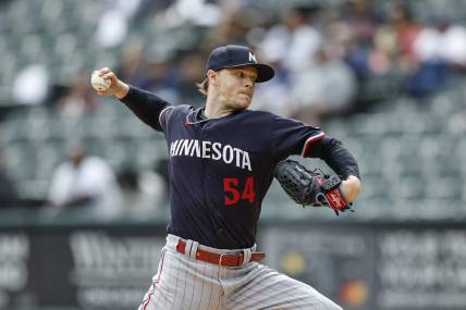 Sep 17, 2023; Chicago, Illinois, USA; Minnesota Twins starting pitcher Sonny Gray (54) delivers a pitch against the Chicago White Sox during the first inning at Guaranteed Rate Field. Mandatory Credit: Kamil Krzaczynski-USA TODAY Sports