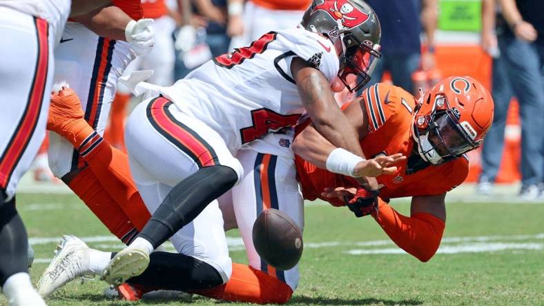 Sep 17, 2023; Tampa, Florida, USA; Tampa Bay Buccaneers linebacker Cam Gill (49) sacks Chicago Bears quarterback Justin Fields (1) to force a fumble during the second quarter at Raymond James Stadium. Mandatory Credit: Kim Klement Neitzel-USA TODAY Sports