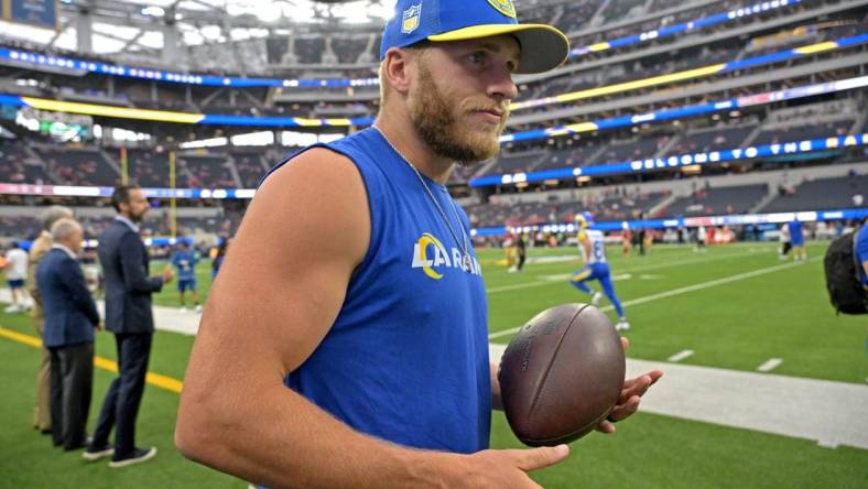 Sep 17, 2023; Inglewood, California, USA; Los Angeles Rams wide receiver Cooper Kupp (10) walks on the field prior to the game against the San Francisco 49ers at SoFi Stadium. Mandatory Credit: Jayne Kamin-Oncea-USA TODAY Sports