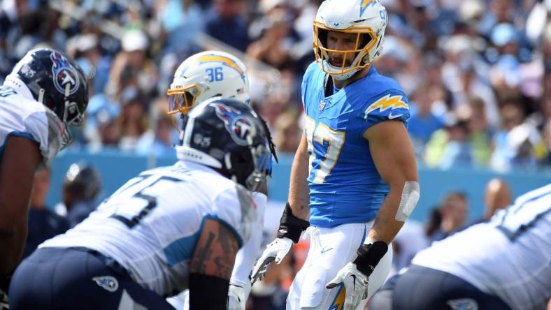 Sep 17, 2023; Nashville, Tennessee, USA; Los Angeles Chargers linebacker Joey Bosa (97) lines up before the snap during the second half against the Tennessee Titans at Nissan Stadium. Mandatory Credit: Christopher Hanewinckel-USA TODAY Sports