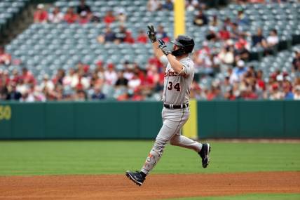 Sep 17, 2023; Anaheim, California, USA; Detroit Tigers catcher Jake Rogers (34) runs around bases after hitting a three-run home run during the third inning against the Los Angeles Angels at Angel Stadium. Mandatory Credit: Kiyoshi Mio-USA TODAY Sports