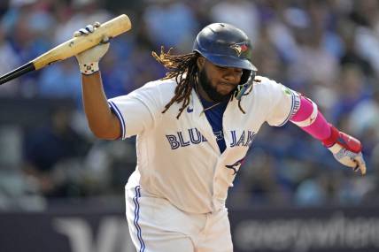 Sep 17, 2023; Toronto, Ontario, CAN; Toronto Blue Jays first baseman Vladimir Guerrero Jr. (27) reacts after flying out to the Boston Red Sox during the eighth inning at Rogers Centre. Mandatory Credit: John E. Sokolowski-USA TODAY Sports