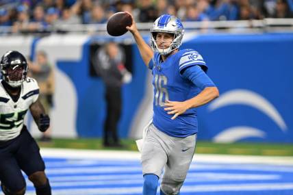 Sep 17, 2023; Detroit, Michigan, USA; Detroit Lions quarterback Jared Goff (16) throws a pass against the Seattle Seahawks in the third quarter at Ford Field. Mandatory Credit: Lon Horwedel-USA TODAY Sports