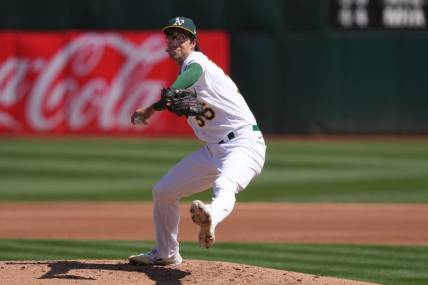 Sep 17, 2023; Oakland, California, USA; Oakland Athletics starting pitcher Joe Boyle (35) throws a pitch against the San Diego Padres during the third inning at Oakland-Alameda County Coliseum. Mandatory Credit: Darren Yamashita-USA TODAY Sports