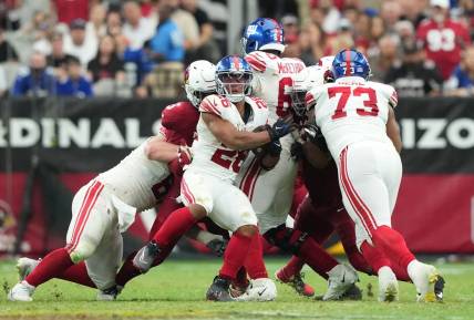 Sep 17, 2023; Glendale, Arizona, USA; New York Giants running back Saquon Barkley (26) runs against the Arizona Cardinals during the second half at State Farm Stadium. Mandatory Credit: Joe Camporeale-USA TODAY Sports