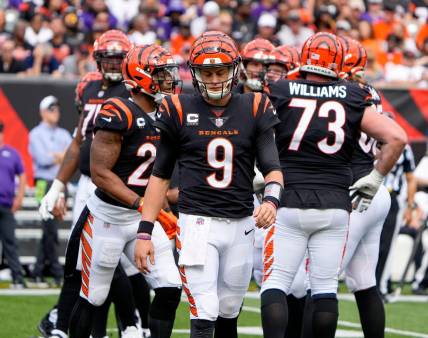 The Cincinnati Bengals quarterback Joe Burrow looks down after not completing a pass in the 4th quarter against the Baltimore Ravens at Paycor Stadium Sunday, September 17, 2023. The Bengals are now 0-2.