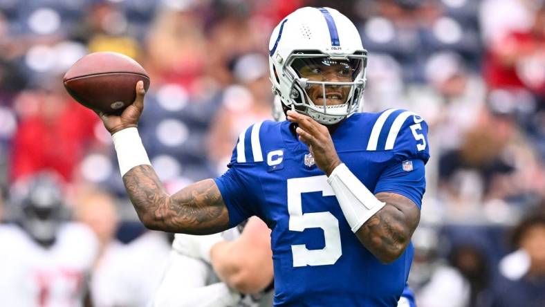 Sep 17, 2023; Houston, Texas, USA; Indianapolis Colts quarterback Anthony Richardson (5) looks to pass the ball during the first half against the Houston Texans at NRG Stadium. Mandatory Credit: Maria Lysaker-USA TODAY Sports