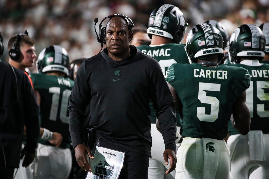 Mel Tucker looks on during a Michigan State game against Central Michigan on Sept. 1, 2023.