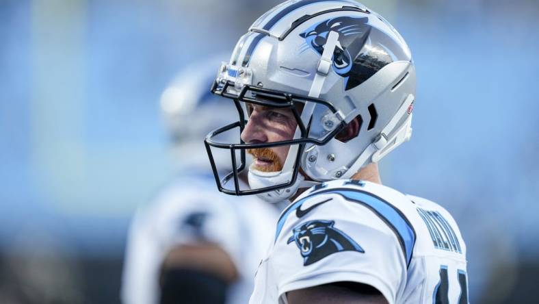 Sep 18, 2023; Charlotte, North Carolina, USA; Carolina Panthers quarterback Andy Dalton (14) during pregame warm ups against the New Orleans Saints at Bank of America Stadium. Mandatory Credit: Jim Dedmon-USA TODAY Sports