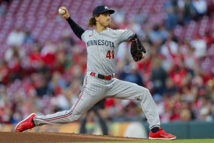Sep 18, 2023; Cincinnati, Ohio, USA; Minnesota Twins starting pitcher Joe Ryan (41) pitches against the Cincinnati Reds in the first inning at Great American Ball Park. Mandatory Credit: Katie Stratman-USA TODAY Sports