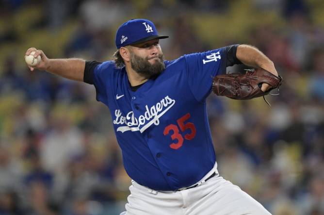 Sep 18, 2023; Los Angeles, California, USA;  Los Angeles Dodgers starting pitcher Lance Lynn (35) delivers in the first inning against the Detroit Tigers at Dodger Stadium. Mandatory Credit: Jayne Kamin-Oncea-USA TODAY Sports
