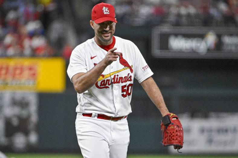 Sep 18, 2023; St. Louis, Missouri, USA;  St. Louis Cardinals starting pitcher Adam Wainwright (50) reacts after a double play against the Milwaukee Brewers to end the sixth inning at Busch Stadium. Mandatory Credit: Jeff Curry-USA TODAY Sports