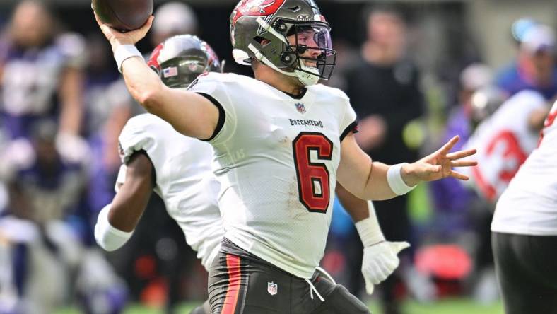 Sep 10, 2023; Minneapolis, Minnesota, USA; Tampa Bay Buccaneers quarterback Baker Mayfield (6) in action against the Minnesota Vikings during the game at U.S. Bank Stadium. Mandatory Credit: Jeffrey Becker-USA TODAY Sports