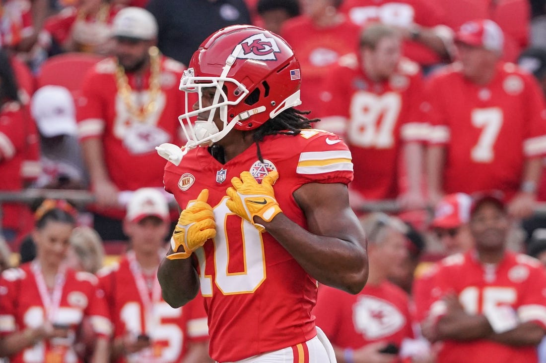 Sep 7, 2023; Kansas City, Missouri, USA; Kansas City Chiefs running back Isiah Pacheco (10) warms up against the Detroit Lions prior to a game at GEHA Field at Arrowhead Stadium. Mandatory Credit: Denny Medley-USA TODAY Sports