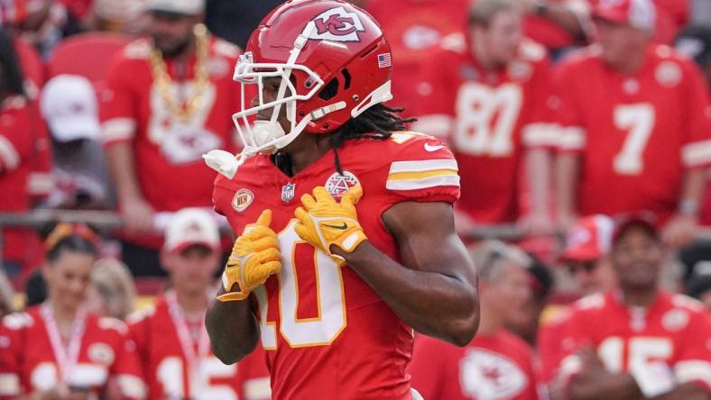 Sep 7, 2023; Kansas City, Missouri, USA; Kansas City Chiefs running back Isiah Pacheco (10) warms up against the Detroit Lions prior to a game at GEHA Field at Arrowhead Stadium. Mandatory Credit: Denny Medley-USA TODAY Sports