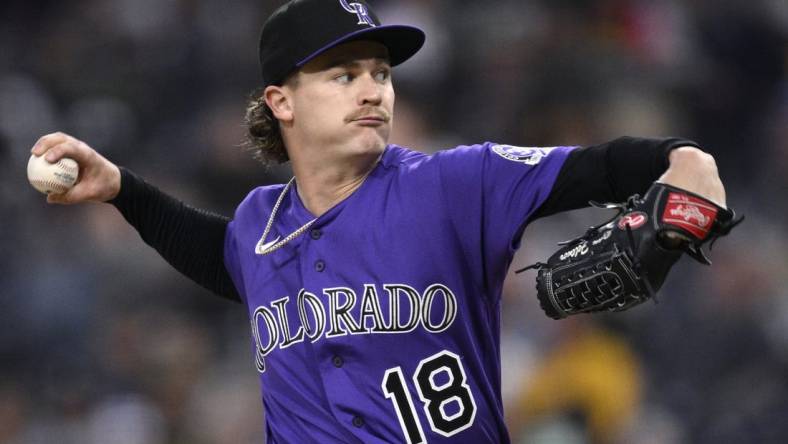 Sep 19, 2023; San Diego, California, USA; Colorado Rockies starting pitcher Ryan Feltner (18) throws a pitch against the San Diego Padres during the first inning at Petco Park. Mandatory Credit: Orlando Ramirez-USA TODAY Sports