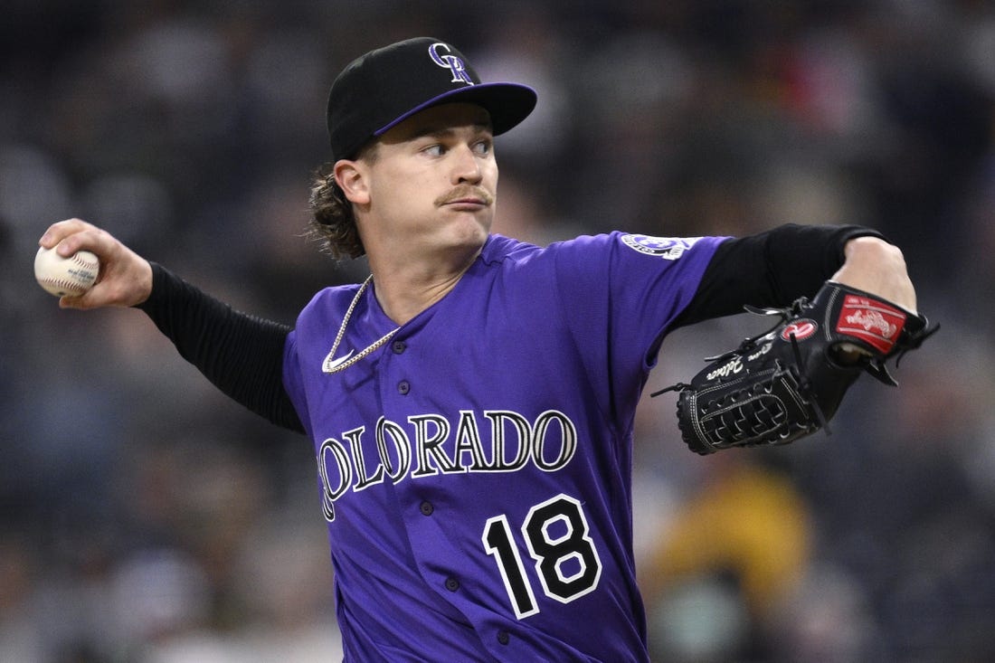 Sep 19, 2023; San Diego, California, USA; Colorado Rockies starting pitcher Ryan Feltner (18) throws a pitch against the San Diego Padres during the first inning at Petco Park. Mandatory Credit: Orlando Ramirez-USA TODAY Sports