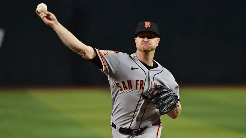 Sep 19, 2023; Phoenix, Arizona, USA; San Francisco Giants starting pitcher Alex Cobb (38) throws in the first inning against the Arizona Diamondbacks at Chase Field. Mandatory Credit: Matt Kartozian-USA TODAY Sports