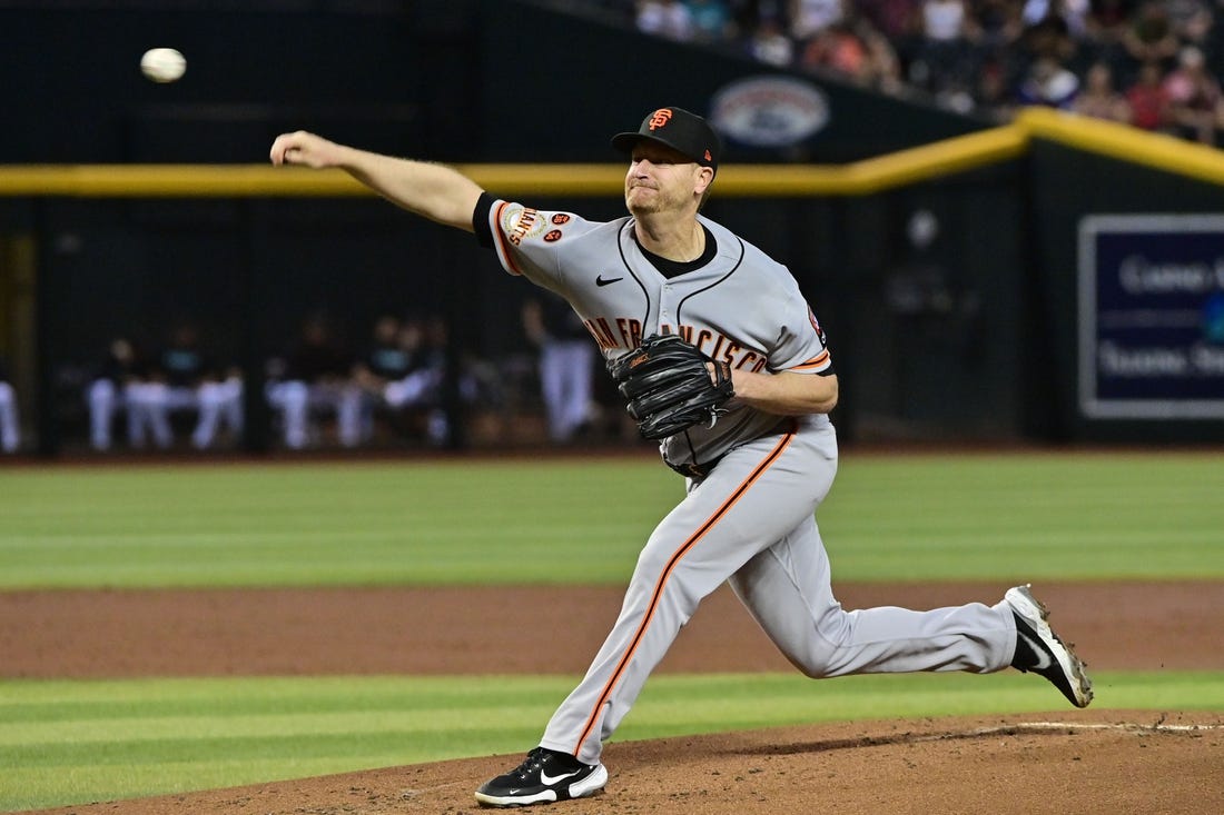 Sep 19, 2023; Phoenix, Arizona, USA; San Francisco Giants starting pitcher Alex Cobb (38) throws in the first inning against the Arizona Diamondbacks at Chase Field. Mandatory Credit: Matt Kartozian-USA TODAY Sports