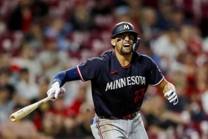 Sep 19, 2023; Cincinnati, Ohio, USA; Minnesota Twins third baseman Royce Lewis (23) reacts after being injured during his at-bat in the eighth inning against the Cincinnati Reds at Great American Ball Park. Mandatory Credit: Katie Stratman-USA TODAY Sports