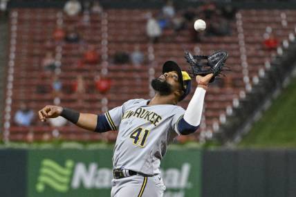 Sep 19, 2023; St. Louis, Missouri, USA;  Milwaukee Brewers first baseman Carlos Santana (41) catches a fly ball against the St. Louis Cardinals during the eighth inning at Busch Stadium. Mandatory Credit: Jeff Curry-USA TODAY Sports