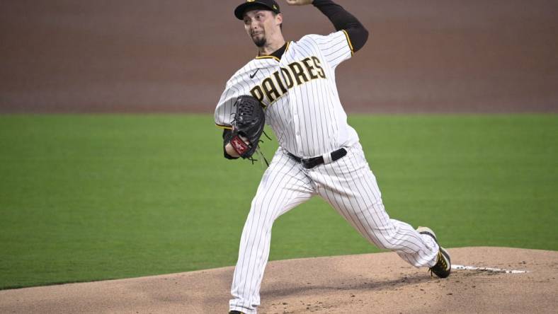 Sep 19, 2023; San Diego, California, USA; San Diego Padres starting pitcher Blake Snell (4) throws a pitch against the Colorado Rockies during the first inning at Petco Park. Mandatory Credit: Orlando Ramirez-USA TODAY Sports