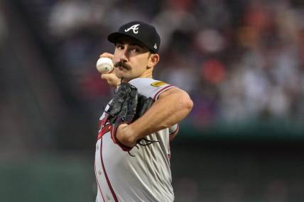 Aug 25, 2023; San Francisco, California, USA; Atlanta Braves starting pitcher Spencer Strider (99) throws a pitch against the San Francisco Giants during the third inning at Oracle Park. Mandatory Credit: Darren Yamashita-USA TODAY Sports